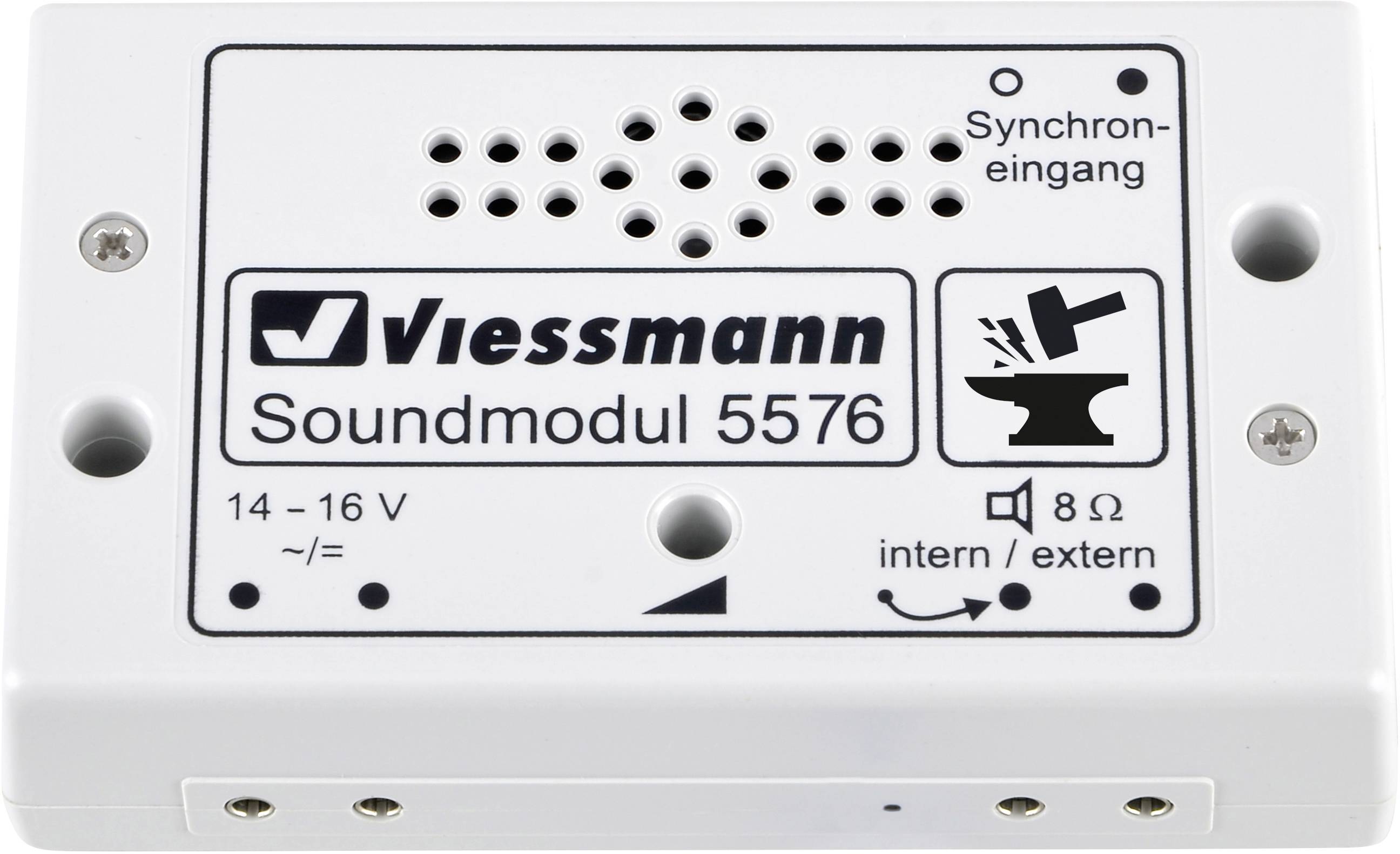 'Viessmann Soundmodul 5576' ukazuje elektrické zařízení se synchronním vstupem, vhodné pro 14-16 V a 8 ohmů, s přepínačem pro interní/externí připojení.