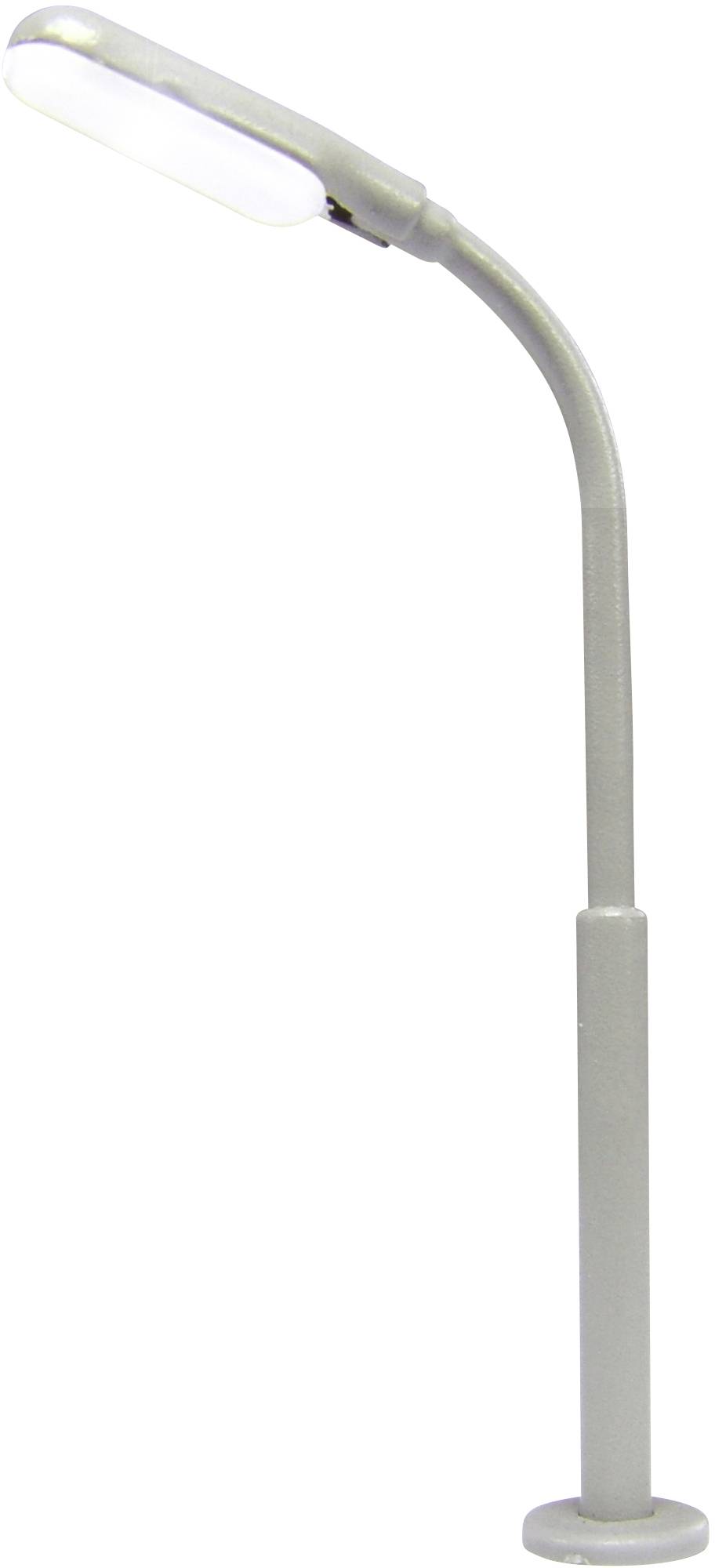 Stojací lampa s prohnutým krkem a úzkým, obdélníkovým stínítkem, stojící na kulatém podstavci. Vhodná pro čtení nebo práci u psacího stolu.