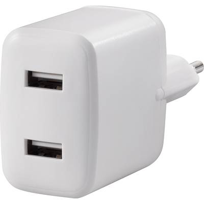 Bílý USB síťový adaptér se dvěma porty pro nabíjení elektronických zařízení.