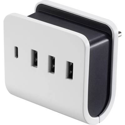 Bílá USB nabíječka se třemi USB porty a síťovou zástrčkou na zadní straně. Ideální pro současné nabíjení několika zařízení.