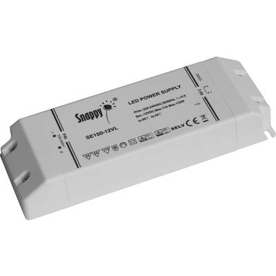LED napájecí zdroj, model 'SE150-12VL' od Snappy. Vstup 220-240VAC, 2,0A. Výstup 12VDC, max. 12,5A, 150W. Nárazuvzdorné a ohni odolné pouzdro.
