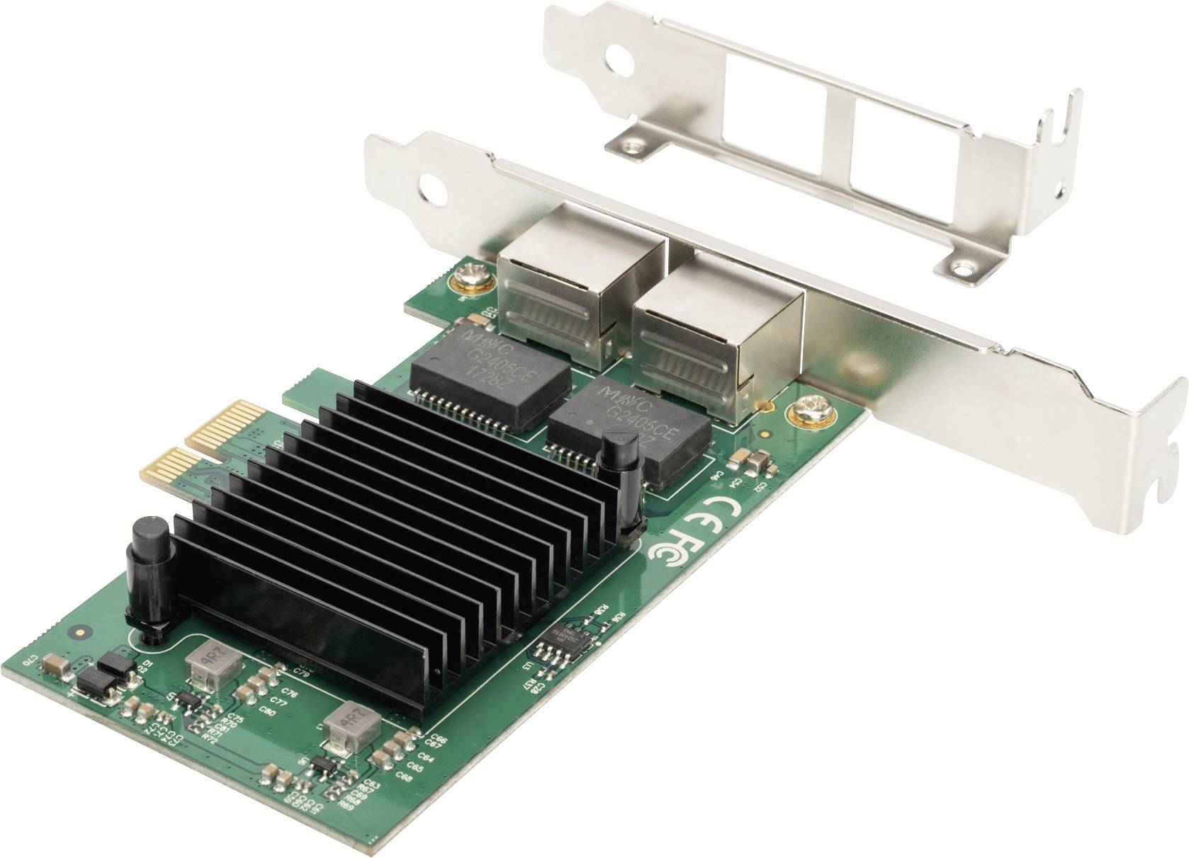 Síťová karta se dvěma ethernetovými porty a chladičem na zelené desce plošných spojů, s odnímatelným kovovým držákem.