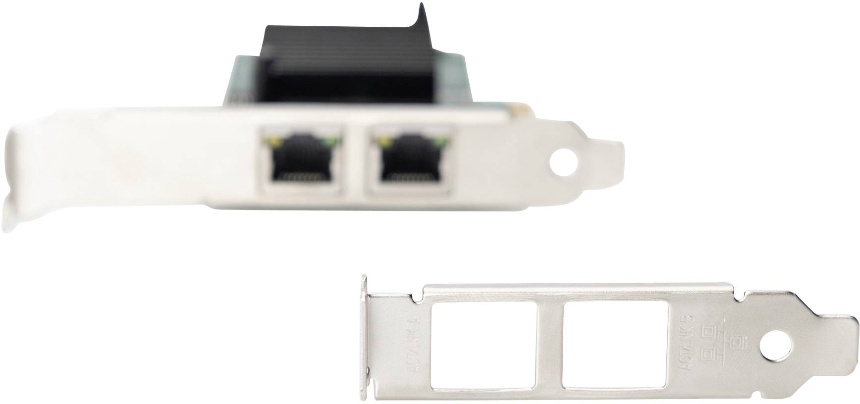 Dva ethernetové porty na síťové kartě počítače s odnímatelným krytem, vhodné pro servery nebo počítače.
