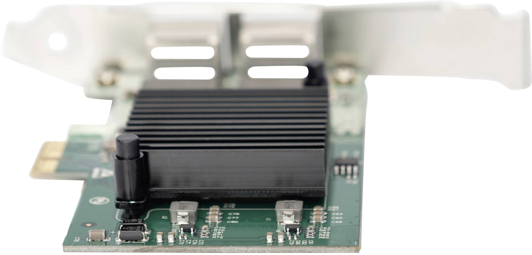 Zelená počítačová deska s chladičem, PCIe konektorem a kovovým držákem. Vhodná pro instalaci do počítačů nebo serverů.