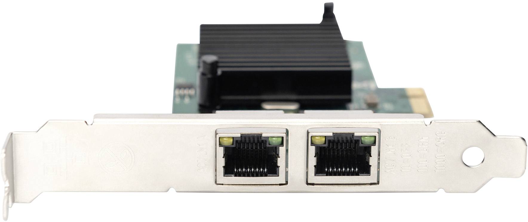 Síťová karta se dvěma ethernetovými porty a chladičem, vhodná pro integraci do stolních počítačů pro síťové připojení.