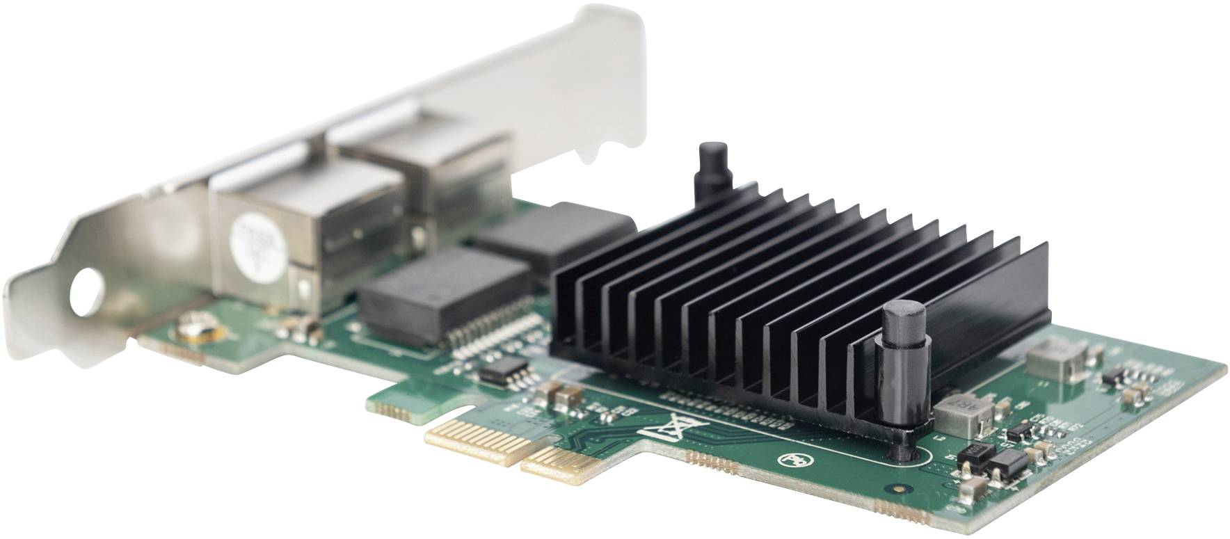 Síťová karta s chladičem a dvěma ethernetovými porty. Je určena pro instalaci do počítače.