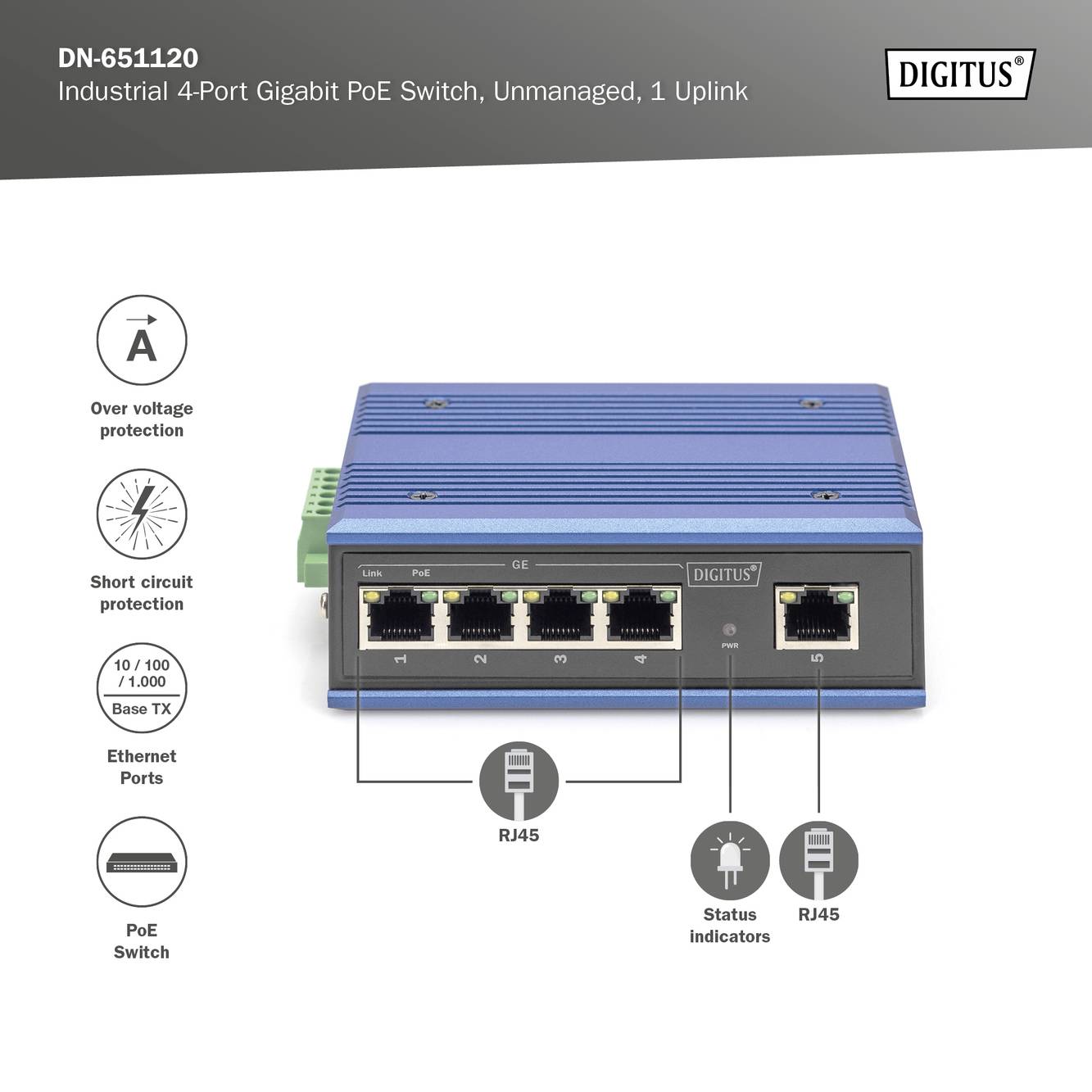 Průmyslový 4-portový gigabitový PoE switch s jedním uplinkemm. Modrá kovová skříň s RJ45 porty a indikátory stavu.