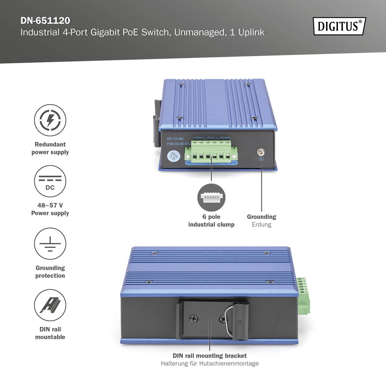Průmyslový 4-portový gigabitový PoE switch s redundantním napájením, napájení 48-57 V, ochranou uzemnění, montáží na DIN lištu.