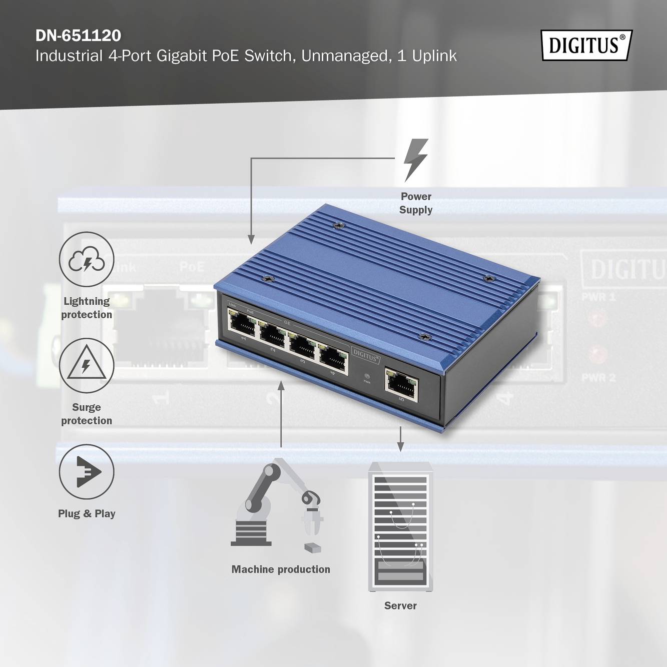 Modrý průmyslový 4-portový gigabitový PoE switch od společnosti DIGITUS s indikátorem výkonu a ochranou proti přepětí. Model DN-651120.