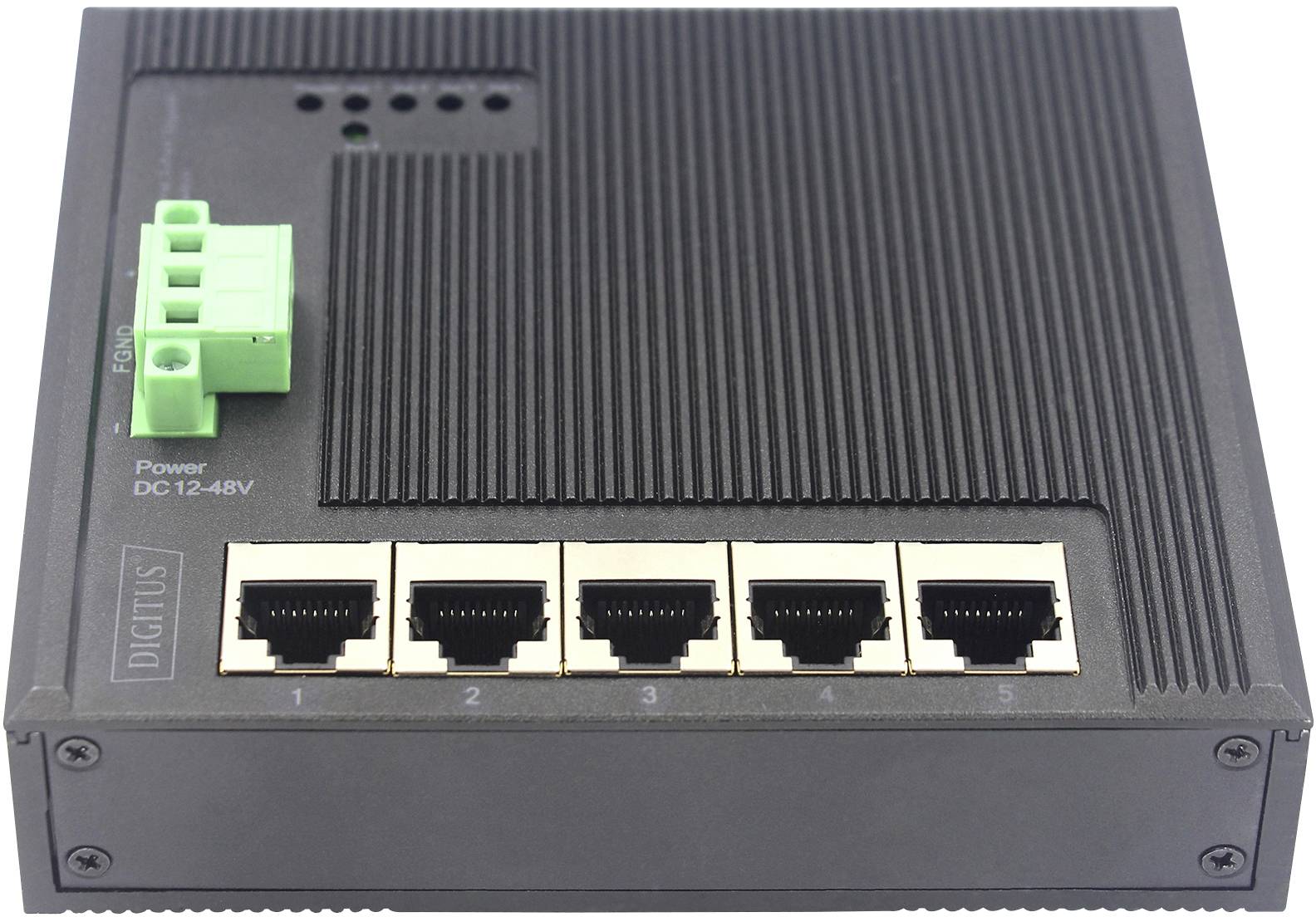 Síťový switch s pěti ethernetovými porty a zeleným konektorem pro napájení, označený štítkem 'Power DC 12-48V'.