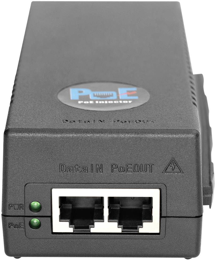 PoE injektor, který poskytuje elektrický proud a data prostřednictvím ethernetového kabelu. Vpředu jsou viditelné dva ethernetové porty se zelenými LED indikátory.