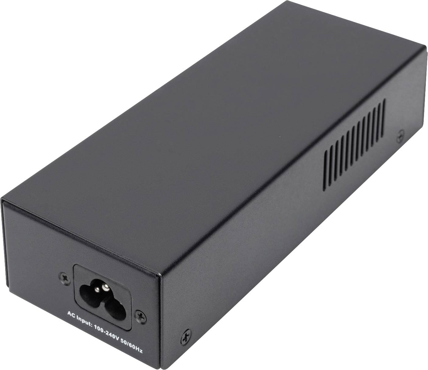 Černý externí napájecí zdroj s AC vstupní zdířkou, 100-240V, 50/60Hz.