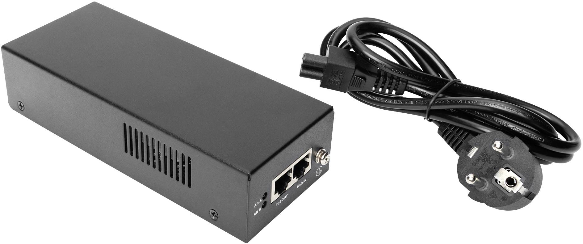 Černý napájecí adaptér s větracím otvorem a dvěma ethernetovými porty, vedle něj odpojitelný napájecí kabel se zástrčkou.
