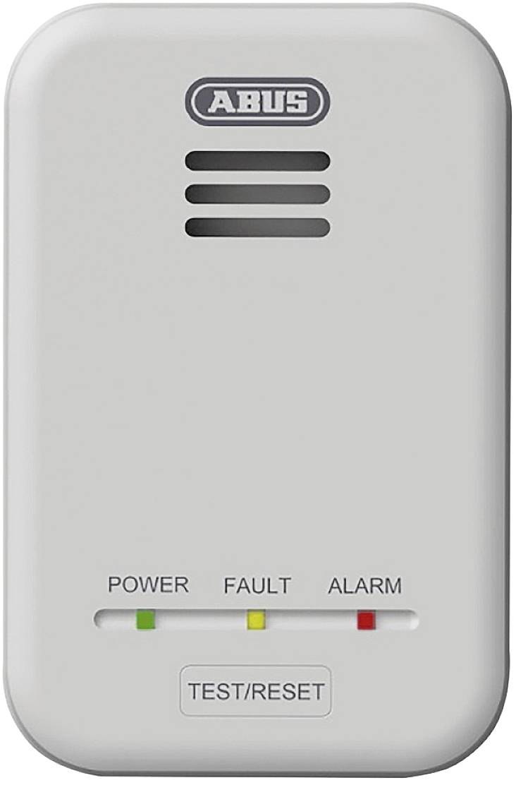 Bílý detektor kouře s kontrolkami 'Power', 'Fault' a 'Alarm'. Mnoho větracích otvorů a tlačítko 'Test/Reset'. Název značky nahoře.