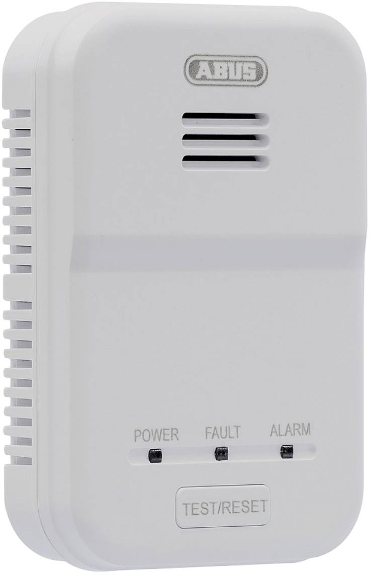 Plynový detektor se třemi LED indikátory pro 'Napájení', 'Porucha' a 'Alarm'. Testovací/resetovací tlačítko dole. Logo Abus nahoře.