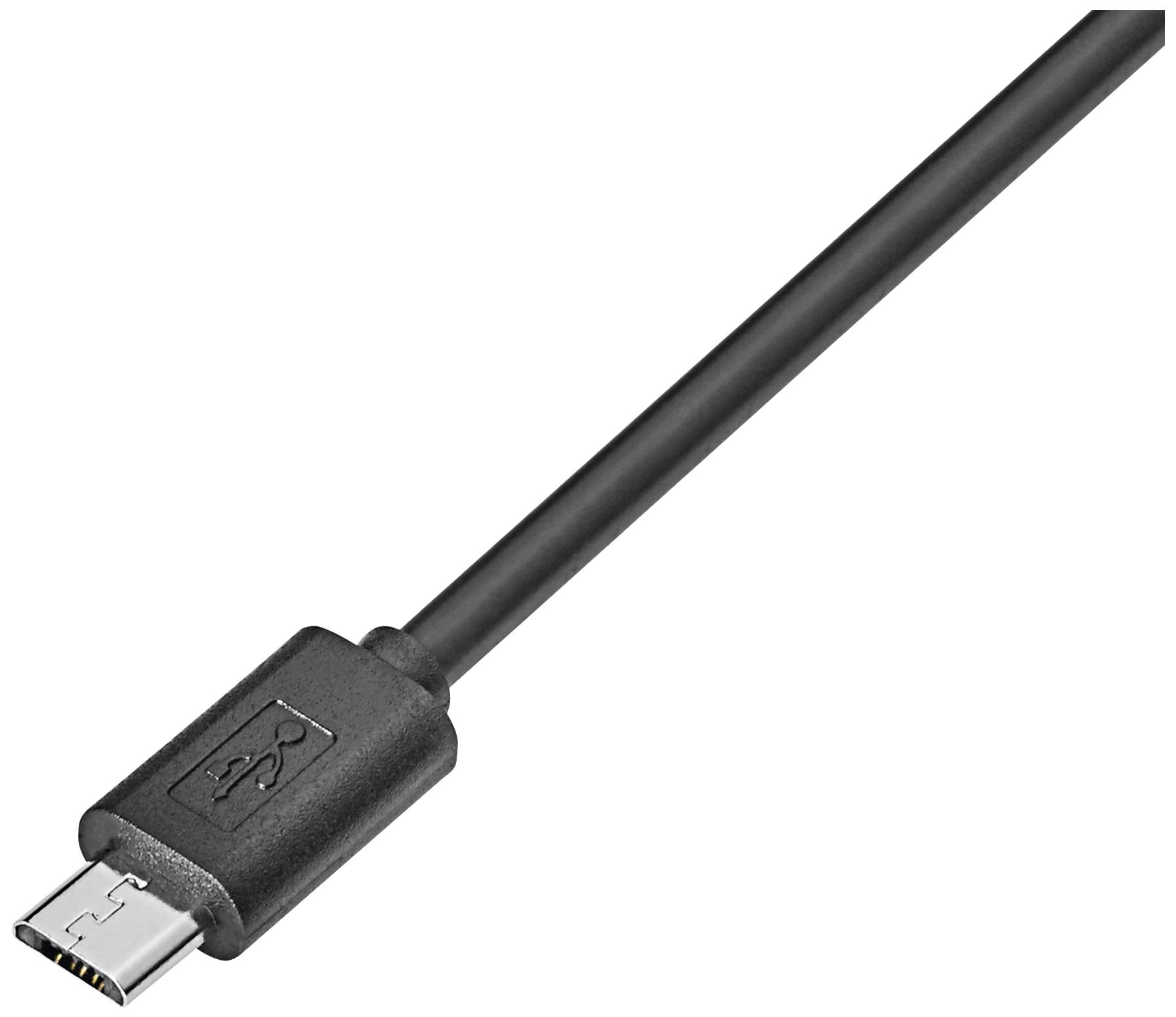 Černý USB kabel s micro-USB konektorem, který se často používá k nabíjení nebo synchronizaci zařízení.