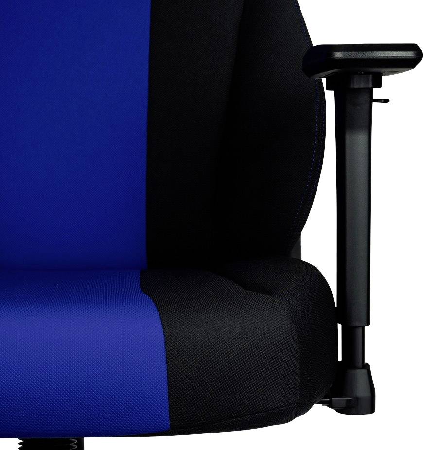 Modrá a černá kancelářská židle s nastavitelnými opěrkami rukou, ergonomicky navržená pro pohodlí a podporu.