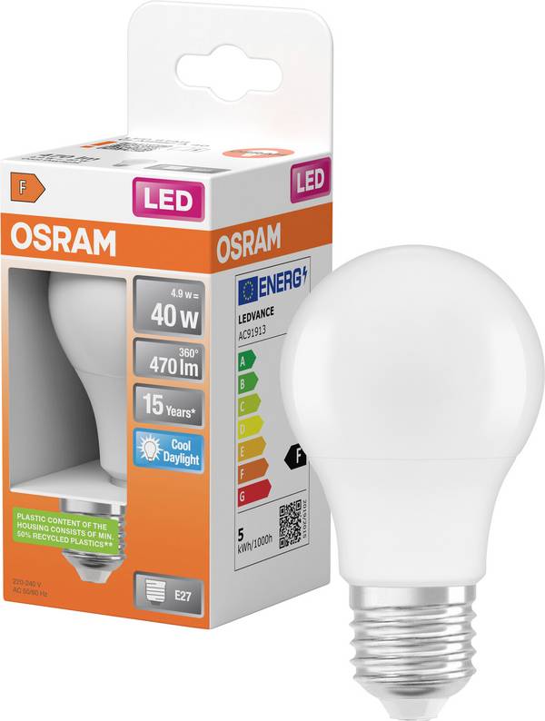 OSRAM HOMELIGHTING 4058075304192 LED Energetická třída (EEK2021) F (A - G) E27 klasická žárovka 4.9 W = 40 W neutrální bílá (Ø x v) 55 mm x 105 mm  1 ks