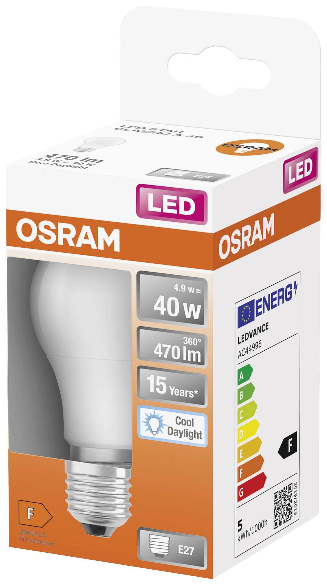 LED žárovka OSRAM v obalu. Má 40W, 470 lumenů, životnost 15 let a poskytuje studené denní světlo. Třída energetické účinnosti F.