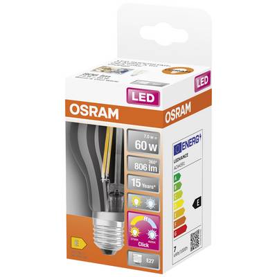 'LED žárovka Osram, 7,0W = 60W, 806 lumenů, teplá bílá, patice E27, energetická třída E, životnost 15 let, 360° rozložení světla.'