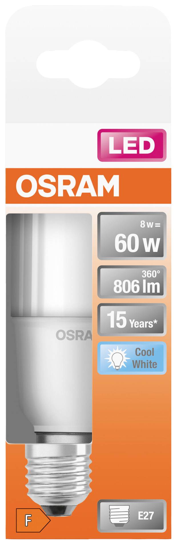 OSRAM HOMELIGHTING 4058075428508 LED Energetická třída (EEK2021) F (A - G) E27 válcový tvar 8 W = 60 W studená bílá (Ø x