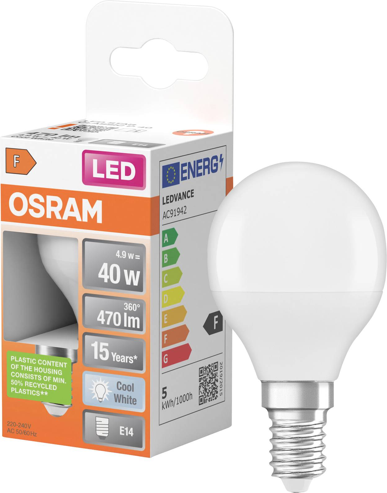 Žárovka LED OSRAM s obalem, označena 4,9 W, ekvivalent 40 W, 470 lm, 15 let, studená bílá, patice E14.