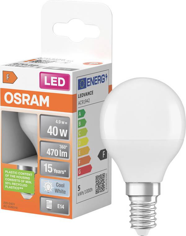 OSRAM HOMELIGHTING 4058075430815 LED Energetická třída (EEK2021) F (A - G) E14 klasická žárovka 4.9 W = 40 W studená bílá (Ø x v) 45 mm x 82 mm  1 ks