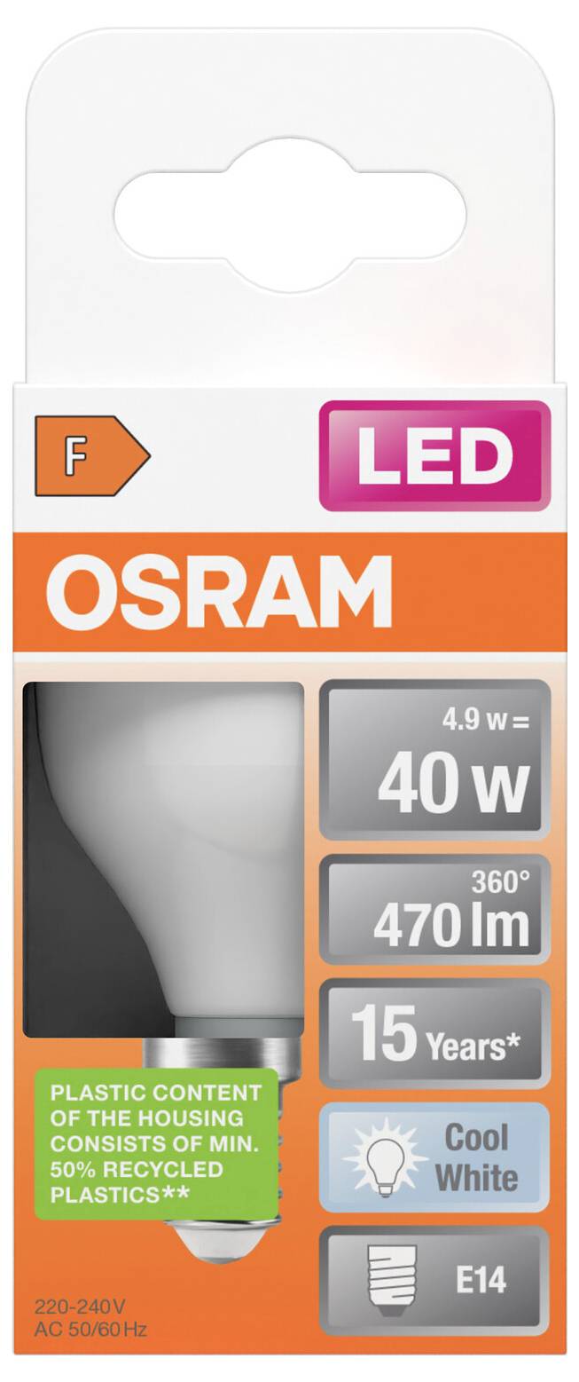 OSRAM LED žárovka v balení, označení 4,9 W = 40 W, 470 lm, 15 let, studená bílá, sokl E14.