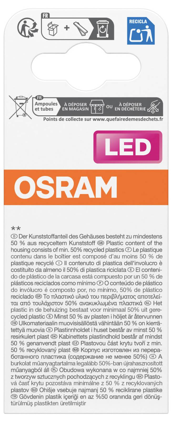 OSRAM LED balení produktu s pokyny k recyklaci a likvidaci ve francouzštině a němčině, zobrazující jasné okno výřezu a velký štítek "LED".