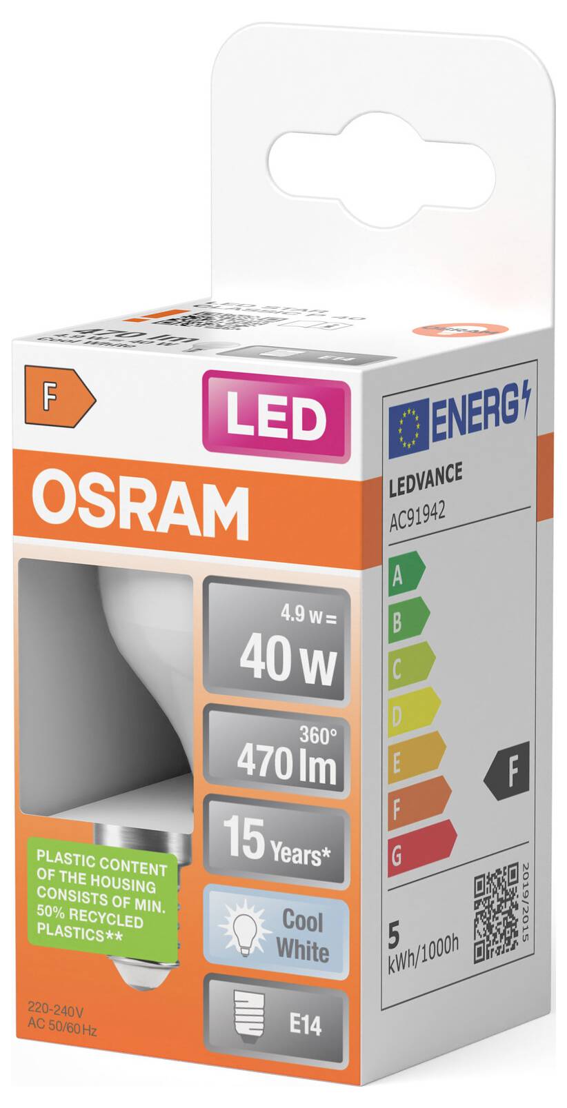 Balení LED žárovky OSRAM, 4,9W (ekvivalent 40W), 470 lm, studená bílá barva, E14, 15 let, energetická třída F.