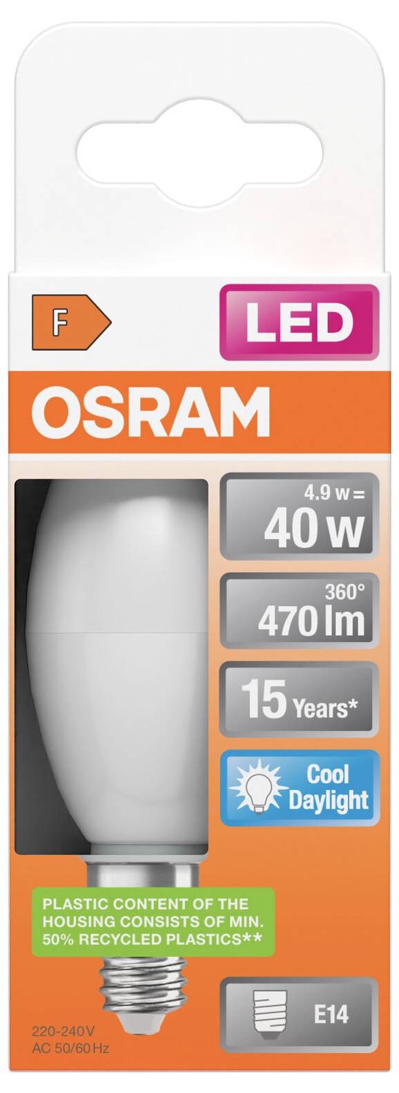 Balení LED žárovky OSRAM zobrazující žárovku E14, ekvivalent 40W, 470 lumenů, 15 let, chladné denní světlo, 4,9W, energetická třída F.