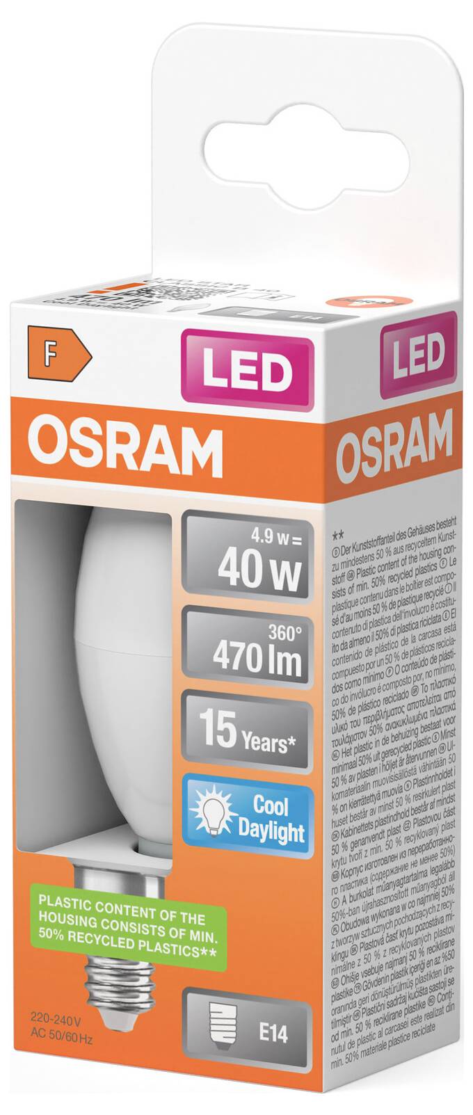 Krabice LED žárovky OSRAM označená „40W", „470 lm", „Chladné denní světlo", „15 let" a „E14".