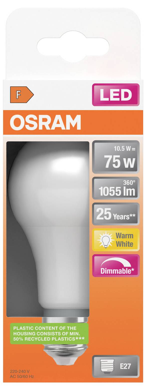 Balení LED žárovky OSRAM, ukazující ekvivalent 75W, 1055 lm, teplá bílá barva, stmívatelná, patice E27 a životnost 25 let.