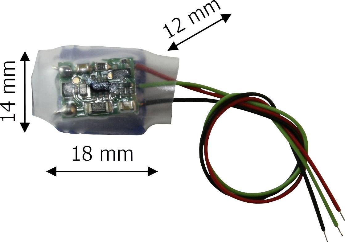 Elektronická součástka s kabely, zabalená v plastu. Rozměry: 18 mm široká, 14 mm vysoká, 12 mm hluboká.