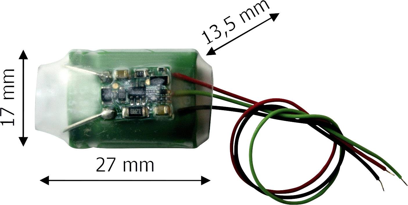 Elektronická součástka se zelenou deskou plošných spojů v průhledném pouzdře. Vodiče v červené, zelené a černé barvě. Rozměry: 27 mm x 17 mm x 13,5 mm.