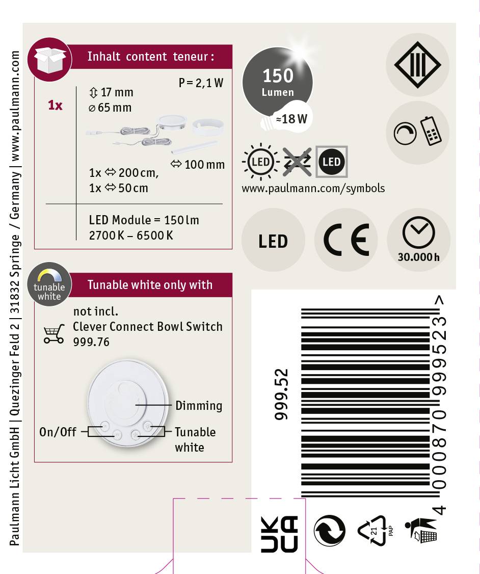 LED světelná sada s 150 lumeny, stmívatelná, 2700K-6500K, obsahuje 1x kabel 200 cm a 1x kabel 50 cm, s inteligentním připojovacím ovladačem Bowl. Energetická účinnost: 2,1 W.