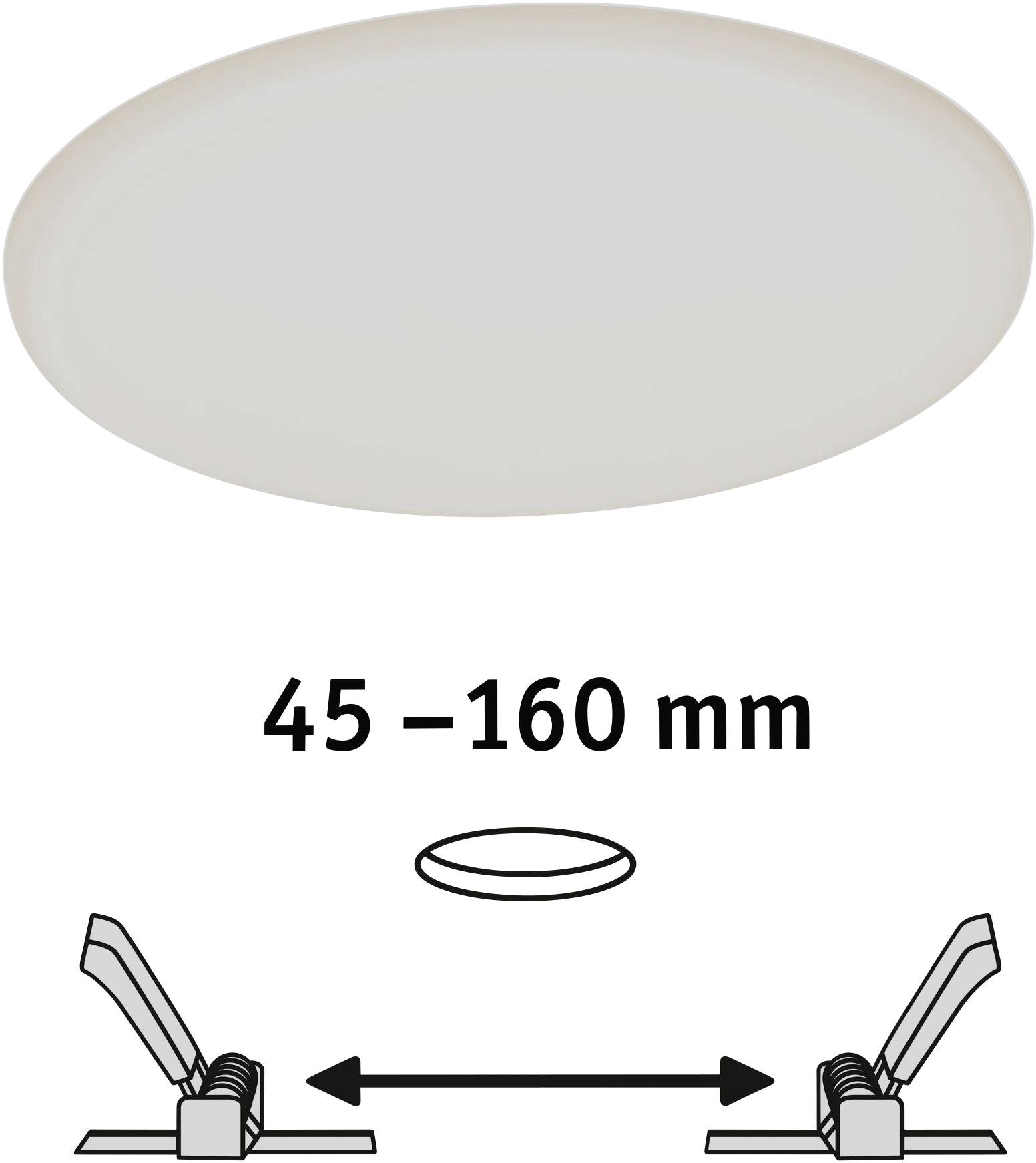 Oválné LED stropní svítidlo s průměrem 45–160 mm. Níže schématické znázornění upevnění.