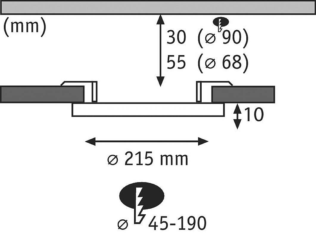 Diagram instalace světelného systému: Průměr vrtaného otvoru 68 až 90 mm, hloubka zapuštění až 10 mm, celkový průměr 215 mm, výkon 45-190 wattů.