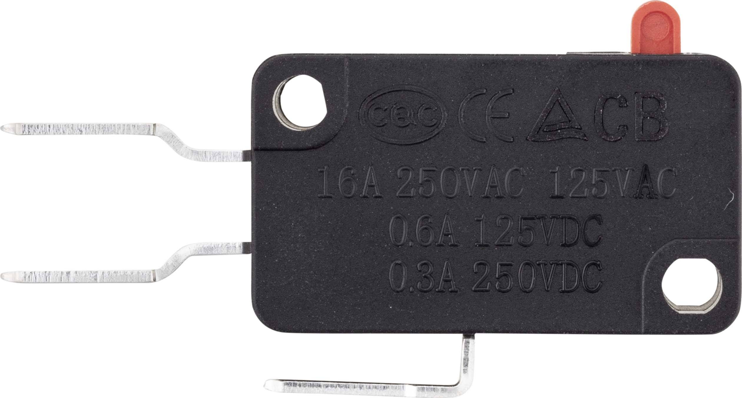 Černý mikrospínač s kovovými svorkami a červenými tlačítky. Označení '16A 250VAC 125VAC, 0.6A 125VDC, 0.3A 250VDC'.