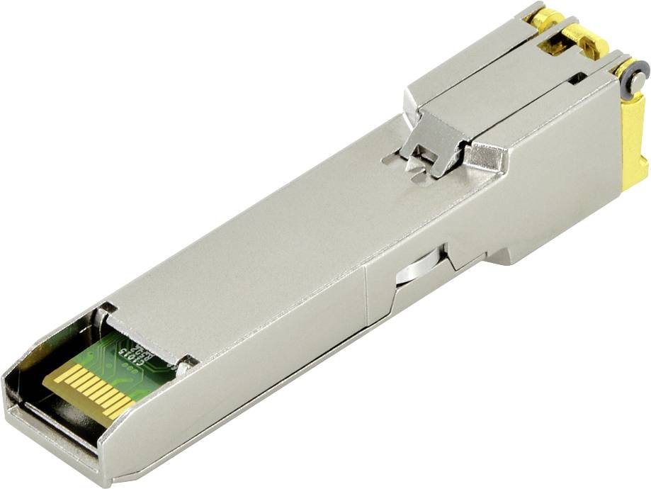 Obdélníkový SFP modul s kovovým pouzdrem zobrazuje zlaté kontaktní body, používaný pro síťová propojení optickými vlákny.