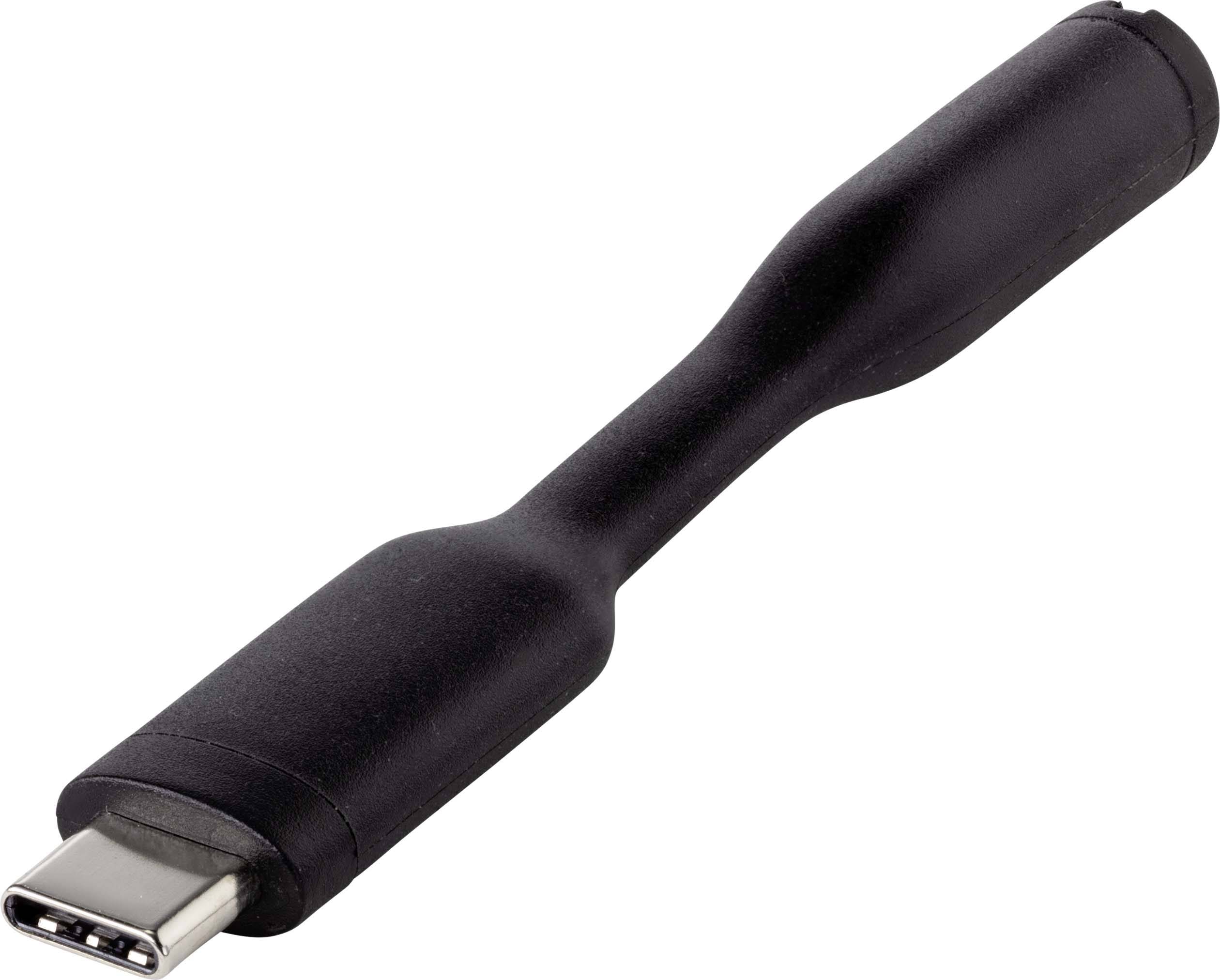 Černý USB-C adaptér pro audiozařízení, s úzkým, kompaktním designem.