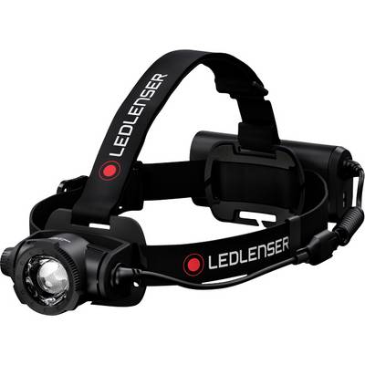 Čelovka s nastavitelným hlavovým páskem. Označení 'Ledlenser'. Prostor pro baterie na zadní straně. Vhodná pro outdoorové aktivity.