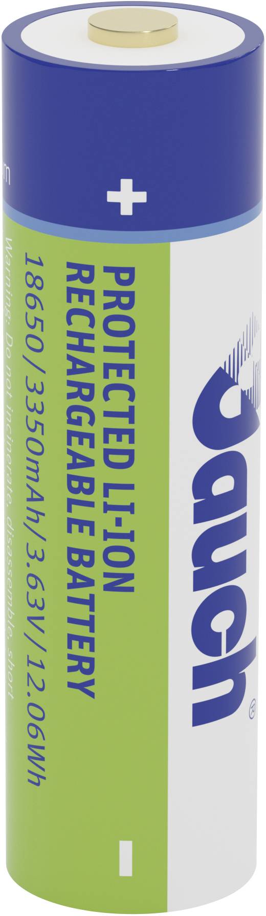 Dobíjecí lithium-iontová baterie s modrým a zeleným popiskem, kapacita: 3350mAh, napětí: 3,7V.