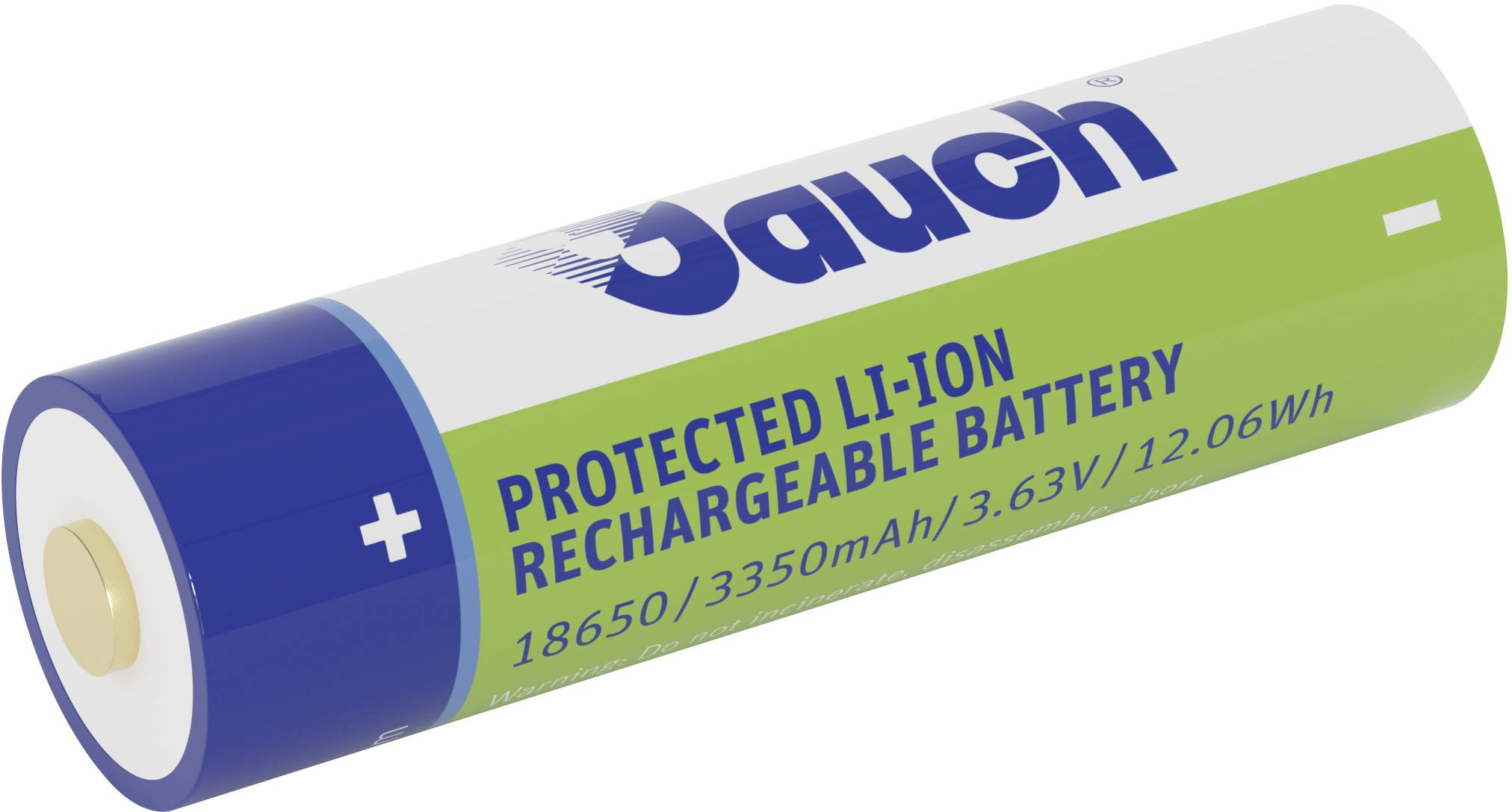 Zeleno-modrá lithium-iontová baterie s nápisem 'Chráněná Li-ion dobíjecí baterie 18650/3350mAh/3,63V/12,06Wh'.
