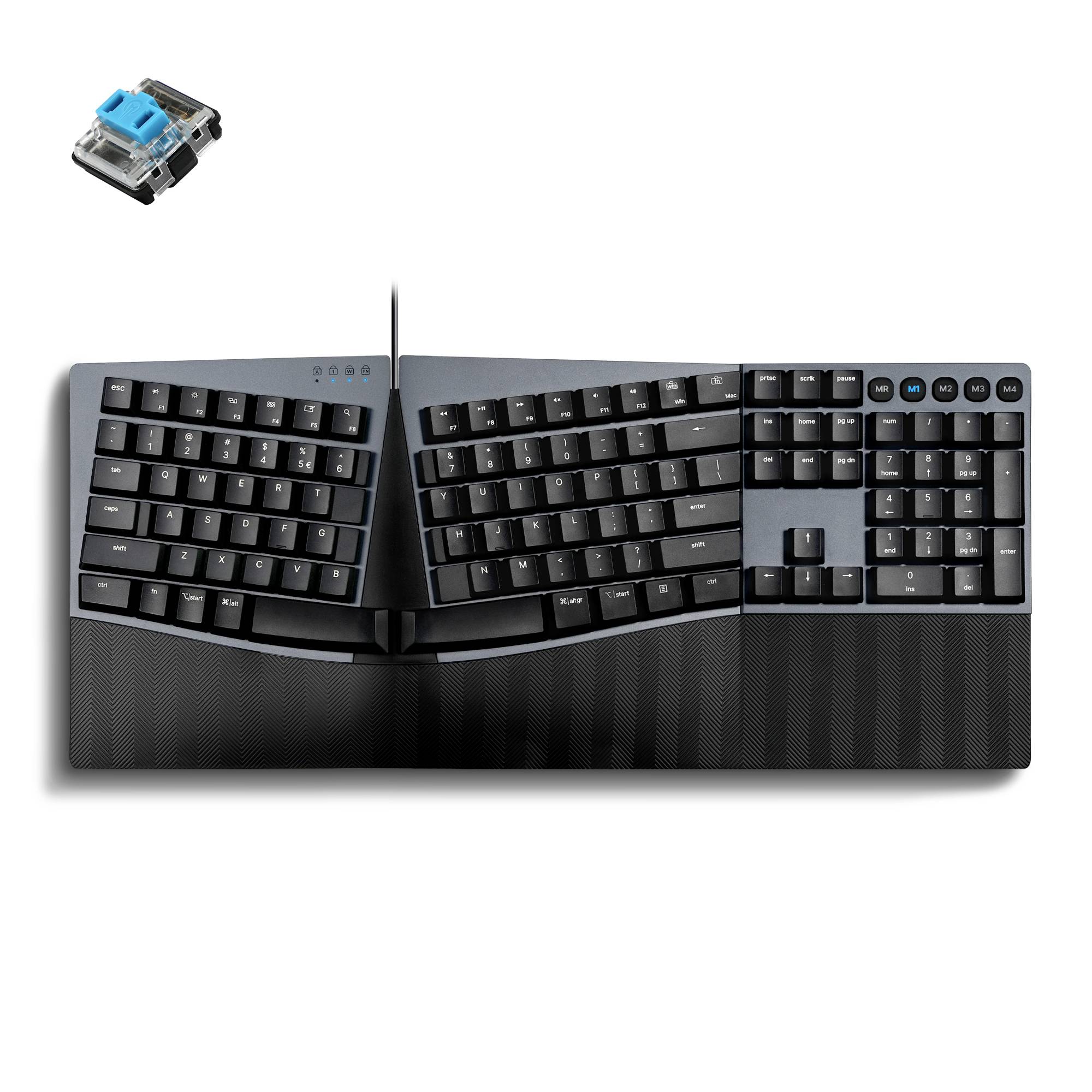 Ergonomická klávesnice s děleným designem a mechanickým spínačem vlevo nahoře, který zobrazuje modrou klávesu.