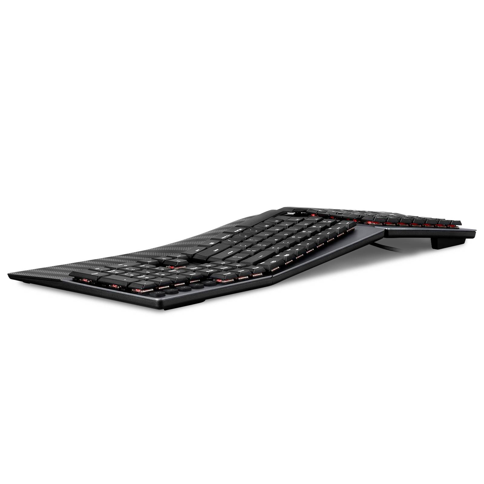 Černá ergonomická klávesnice s děleným a zakřiveným designem pro zlepšený komfort při psaní.