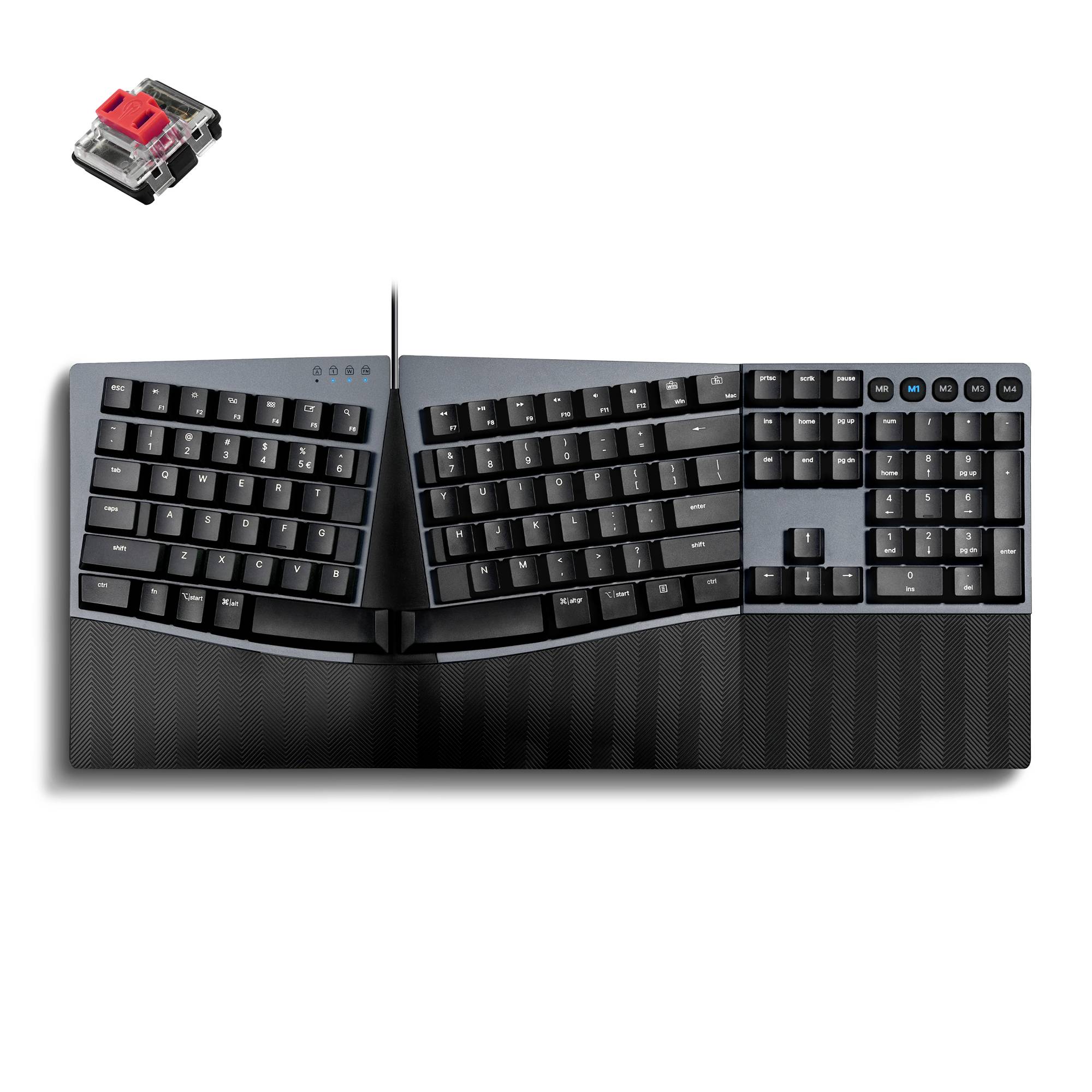 Počítačová klávesnice v ergonomickém designu s rozděleným rozložením, černým tělem a červenými spínači; ideální pro pohodlné psaní.