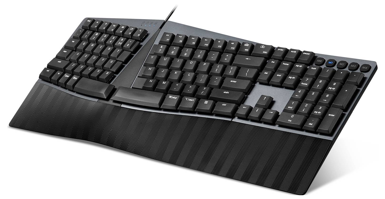 Ergonomická klávesnice s děleným designem, odnímatelnou opěrkou zápěstí a kabelovým připojením, vhodná pro pohodlné psaní.