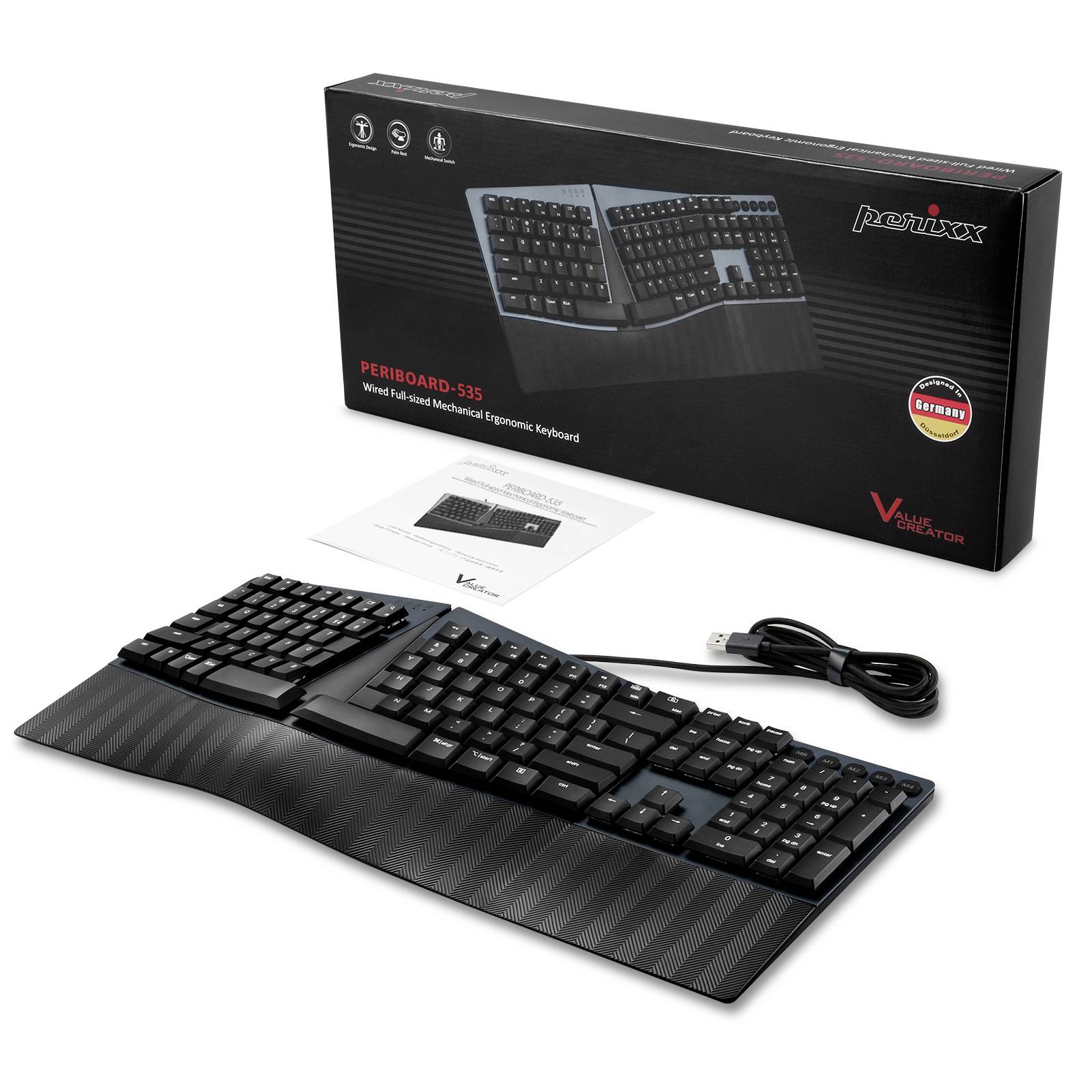 Ergonomická mechanická klávesnice s rozděleným designem, opěrkou zápěstí a USB připojovacím kabelem. Balení a návod viditelně umístěny.