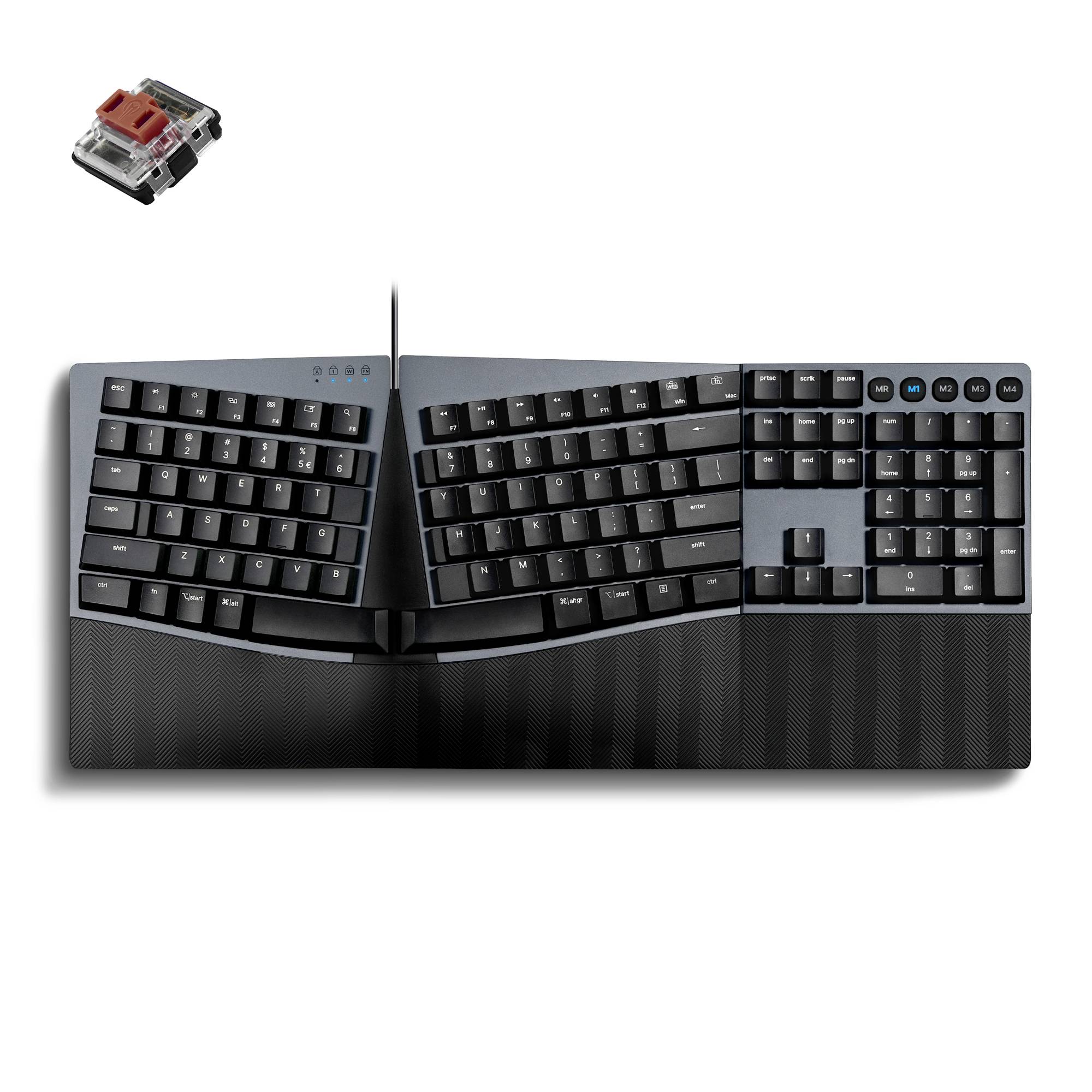 Ergonomická klávesnice s rozděleným designem, černým rozvržením a odpojitelnými červenými spínači, které podporují flexibilní polohu rukou.